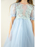 Baby Blue Embroidery Tulle Chic Flower Girl Dress